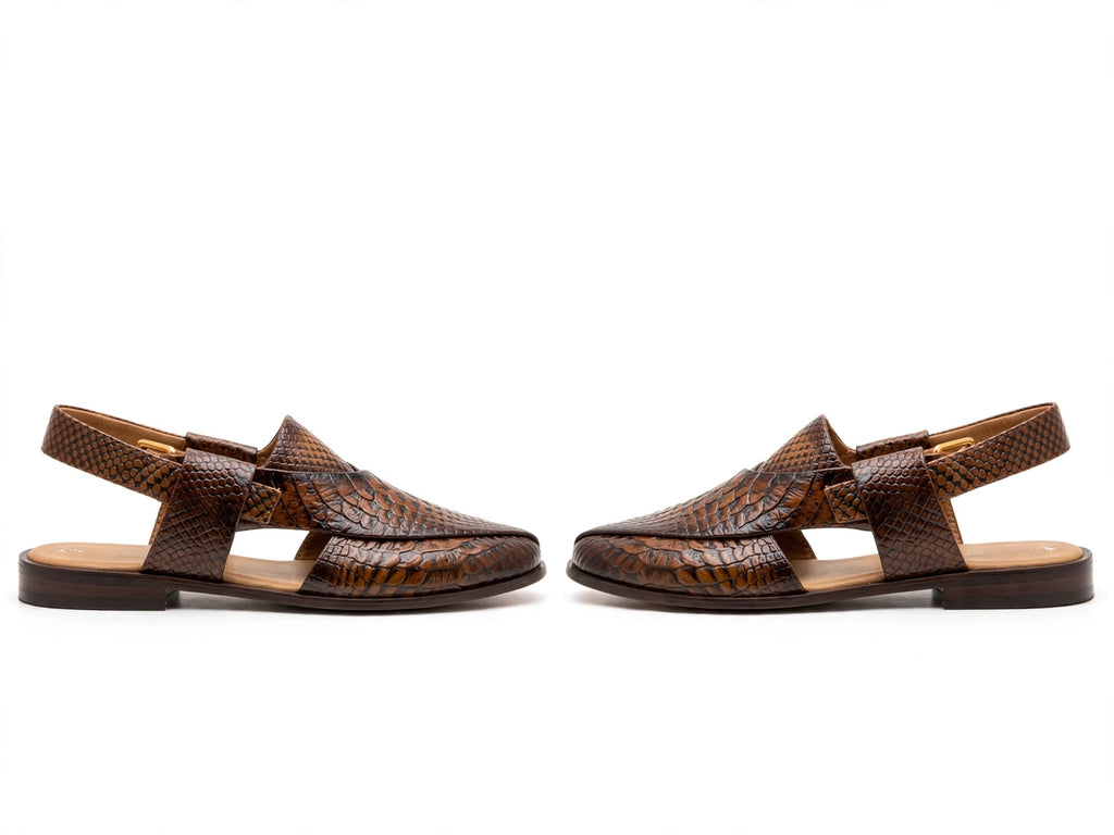 Men's Brown Python Peshawari - Crocodile Snakeskin Embossed P-Cap Chappal with Buckle Strap | Glossy Edition