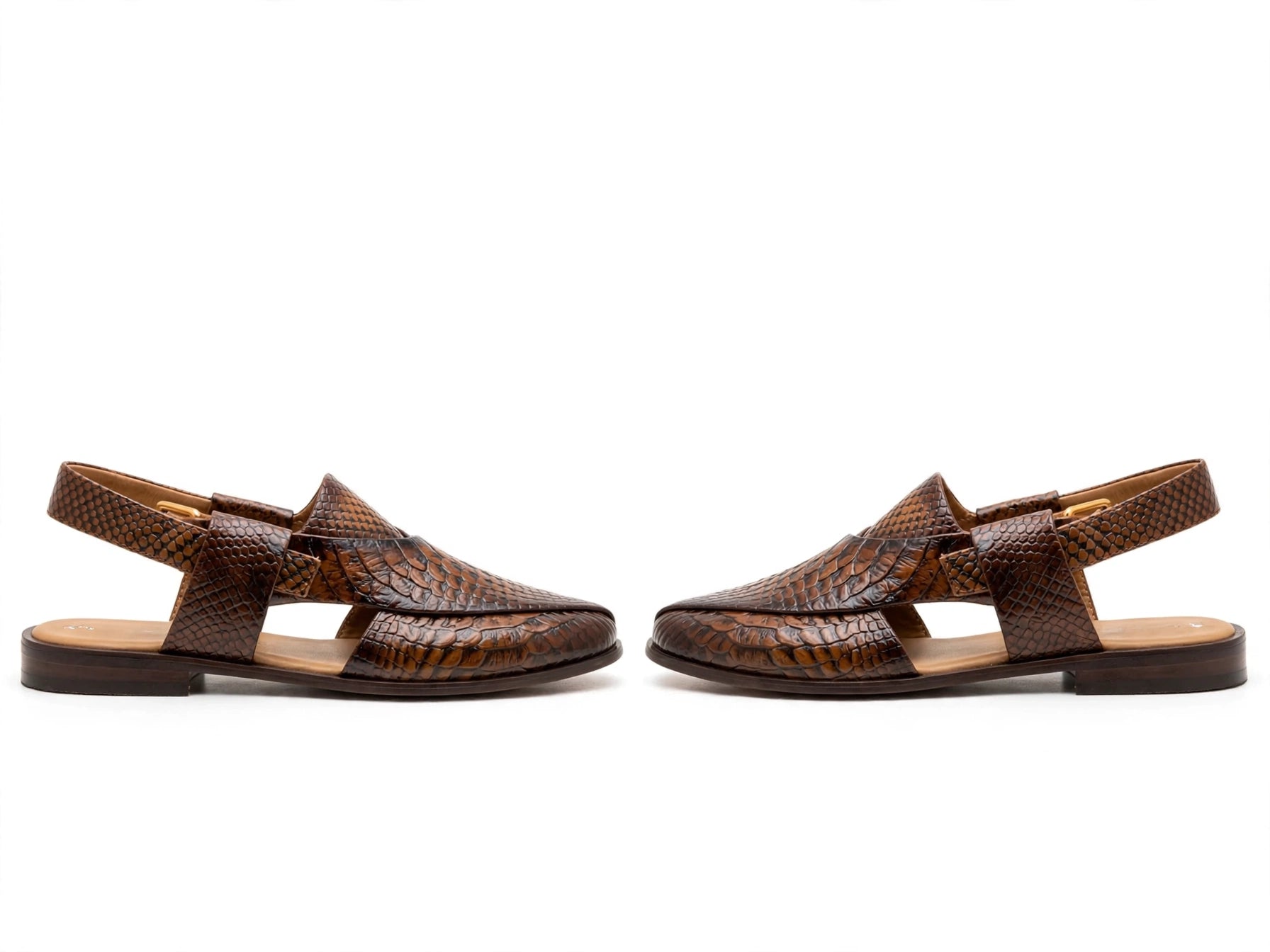 Men's Brown Python Peshawari - Crocodile Snakeskin Embossed P-Cap Chappal with Buckle Strap | Glossy Edition