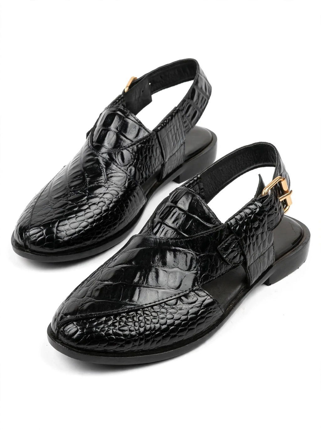 Premium Black Crocodile Texture Peshawari Chappal | Glossy Leather | Gold Buckle | Traditional Handmade