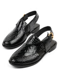 Premium Black Crocodile Texture Peshawari Chappal | Glossy Leather | Gold Buckle | Traditional Handmade