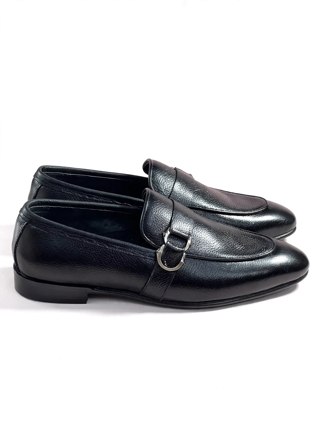 Men's Black Pebbled Leather Loafers with Silver Buckle Detail