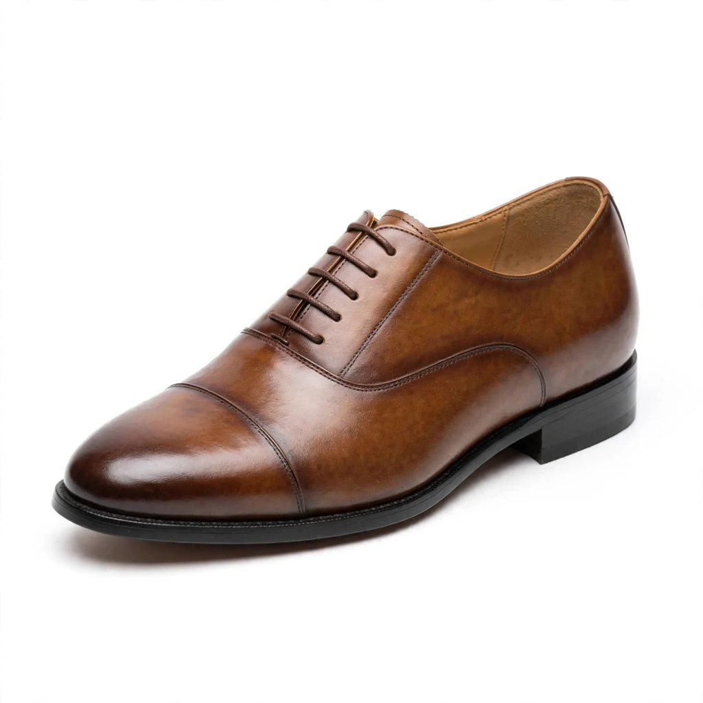 Men's Brown Cap-Toe Oxford - Hand-Burnished Formal Lace-Up Dress Shoes