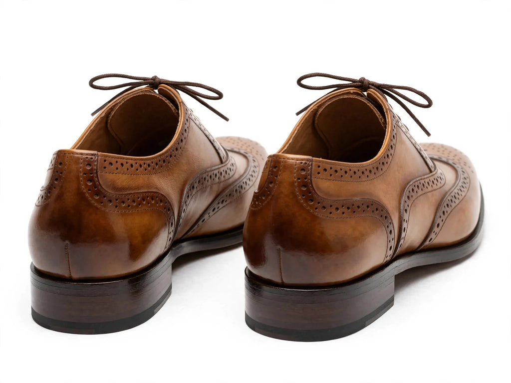 Men's Tan Brown Brogue Oxford - Burnished Wingtip Lace-Up Formal Shoes