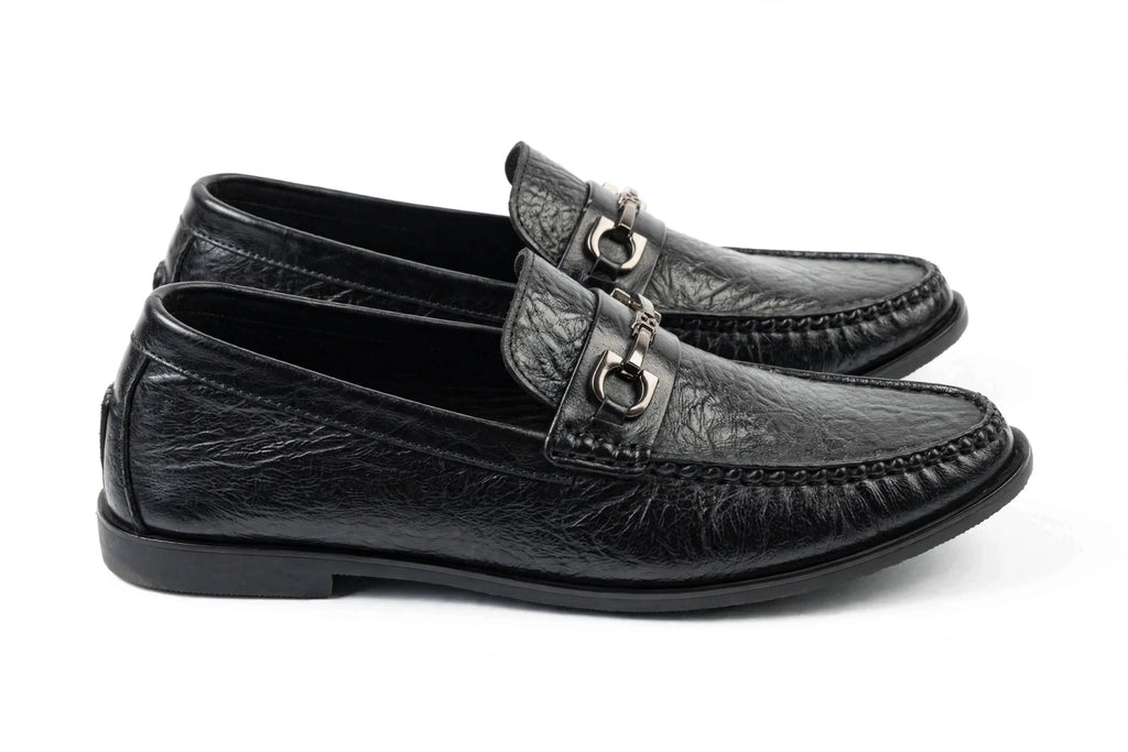 Men's Premium Black Textured Leather Loafers | Stylish Horsebit Buckle Slip-On | Formal Office