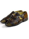 Men's Brown Textured Leather Woven Sandals with Buckle Strap