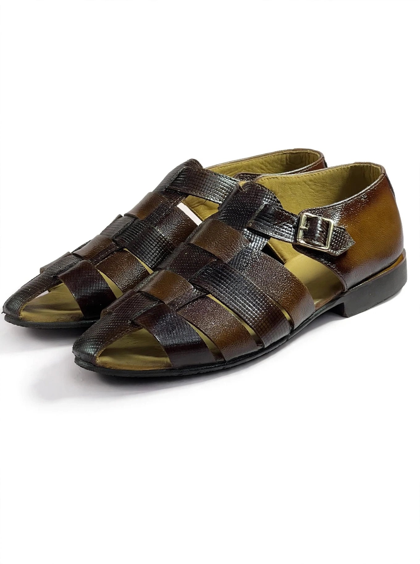 Men's Brown Textured Leather Woven Sandals with Buckle Strap