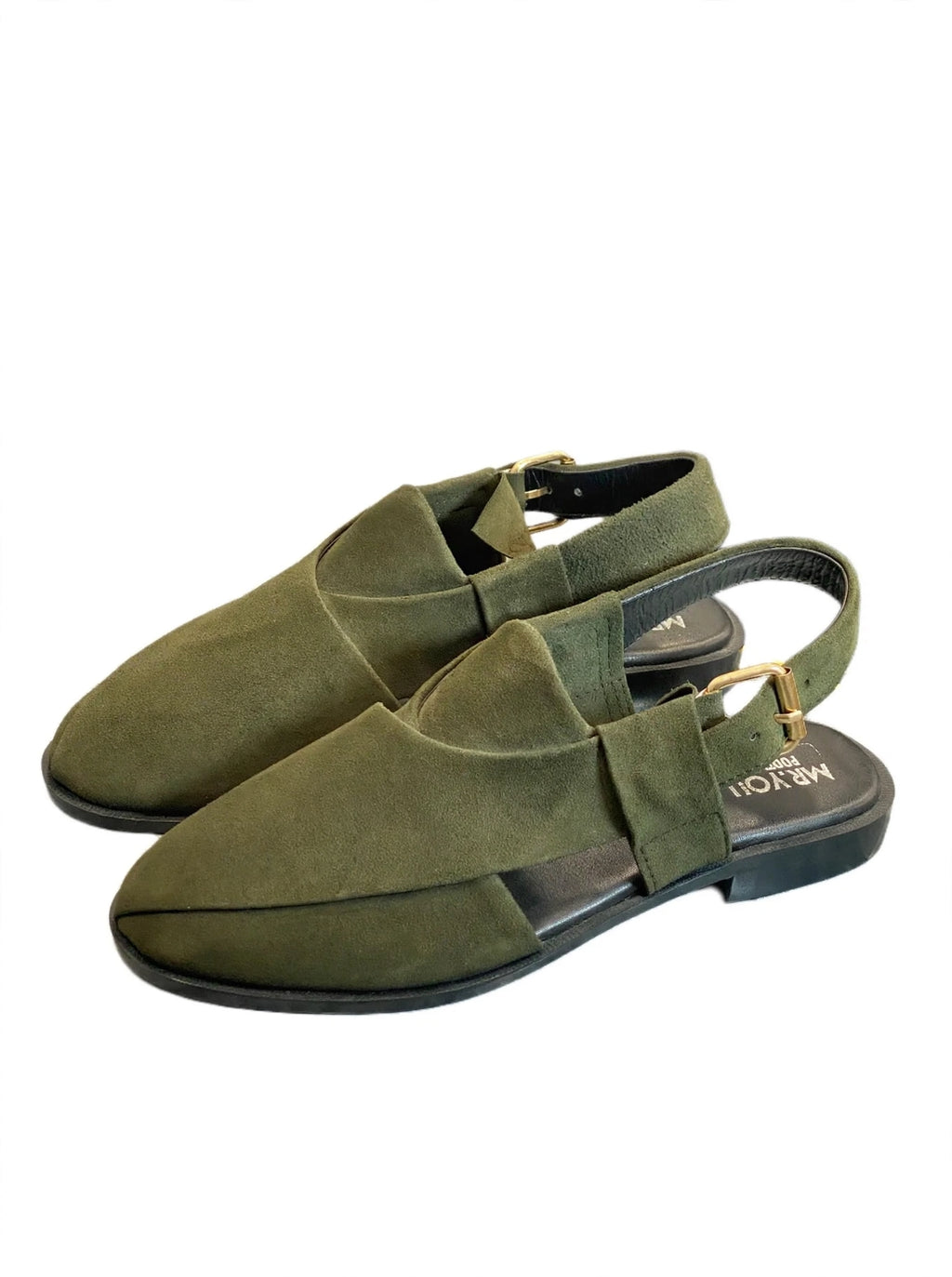 Olive Green Suede Peshawari Chappal – Handmade Slingback Sandal with Gold Buckle | Premium Suede