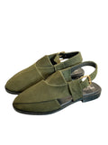 Olive Green Suede Peshawari Chappal – Handmade Slingback Sandal with Gold Buckle | Premium Suede