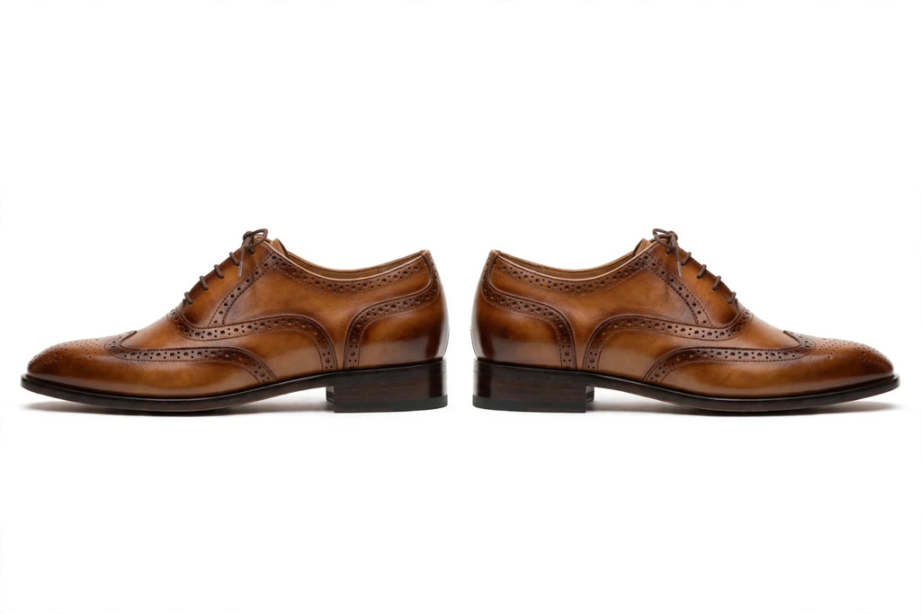 Men's Tan Brown Brogue Oxford - Burnished Wingtip Lace-Up Formal Shoes