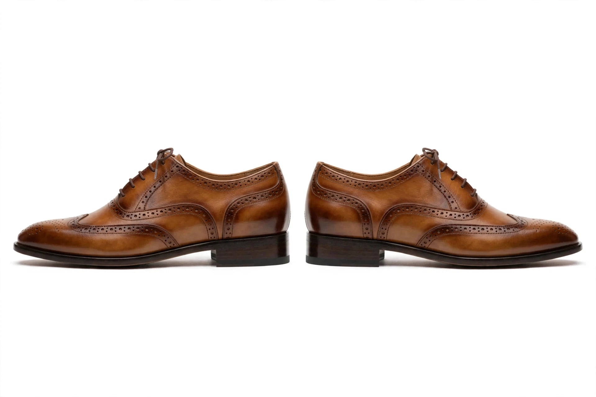 Men's Tan Brown Brogue Oxford - Burnished Wingtip Lace-Up Formal Shoes