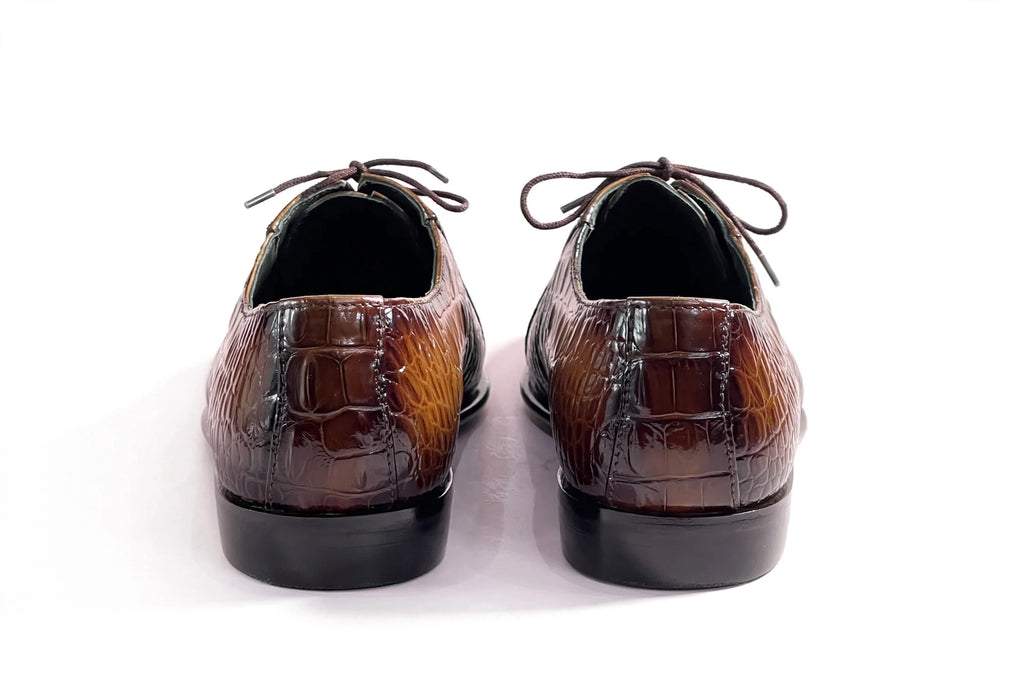 Crocodile Embossed Leather Oxford Dress Shoes – Handmade Glossy Brown Formal Shoes