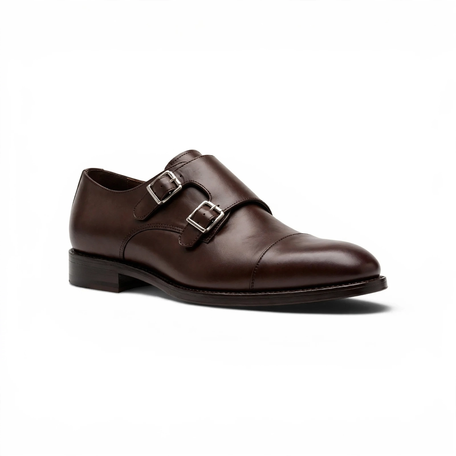 Aelito Men's Premium Brown Leather Double Monk Strap Cap Toe Dress Shoes