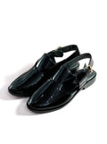 Men's Black Patent Leather Peshawari Chappal Sandals with Gold Buckle