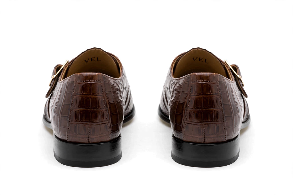 Men's Brown Crocodile Monk Strap Loafers - Glossy Formal Dress Shoes with Gold Buckle | Handcrafted Luxury