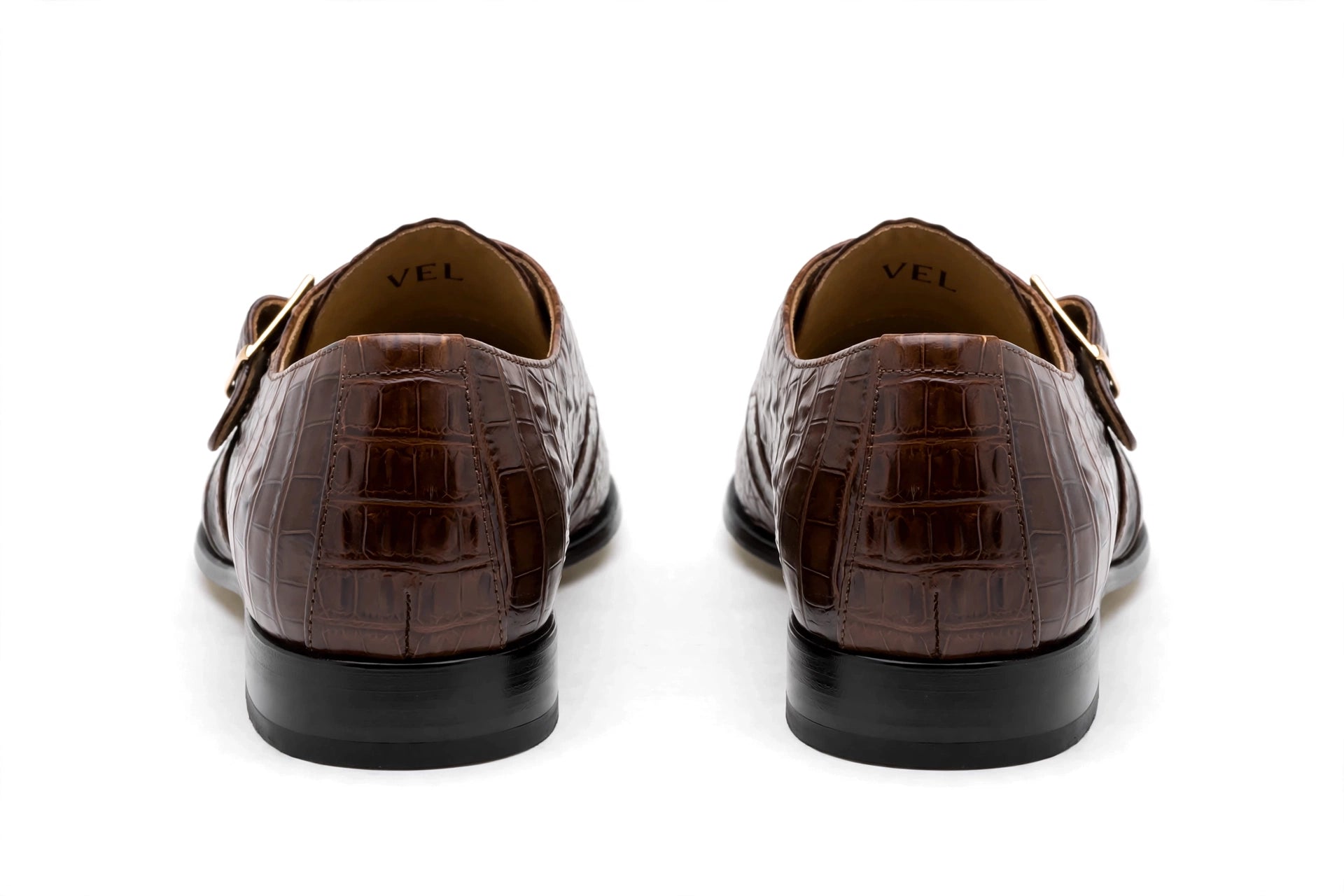 Men's Brown Crocodile Monk Strap Loafers - Glossy Formal Dress Shoes with Gold Buckle | Handcrafted Luxury