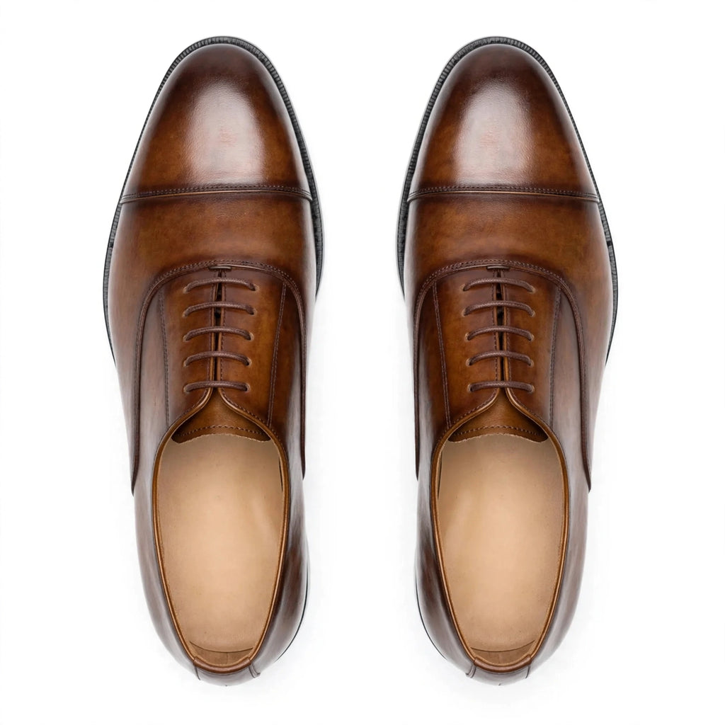 Men's Brown Cap-Toe Oxford - Hand-Burnished Formal Lace-Up Dress Shoes
