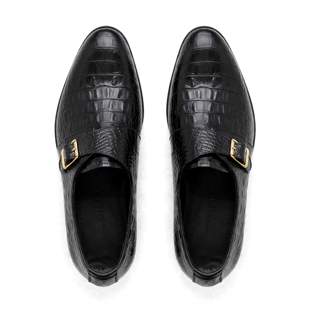 Men's Black Crocodile Monk Strap Loafers - Glossy Formal Dress Shoes with Gold Buckle | All Black Premium Leather