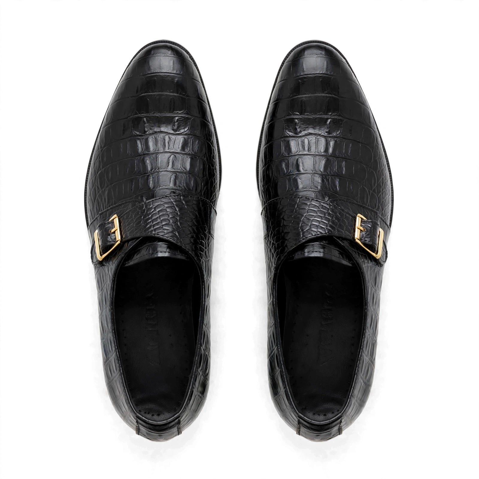 Men's Black Crocodile Monk Strap Loafers - Glossy Formal Dress Shoes with Gold Buckle | All Black Premium Leather