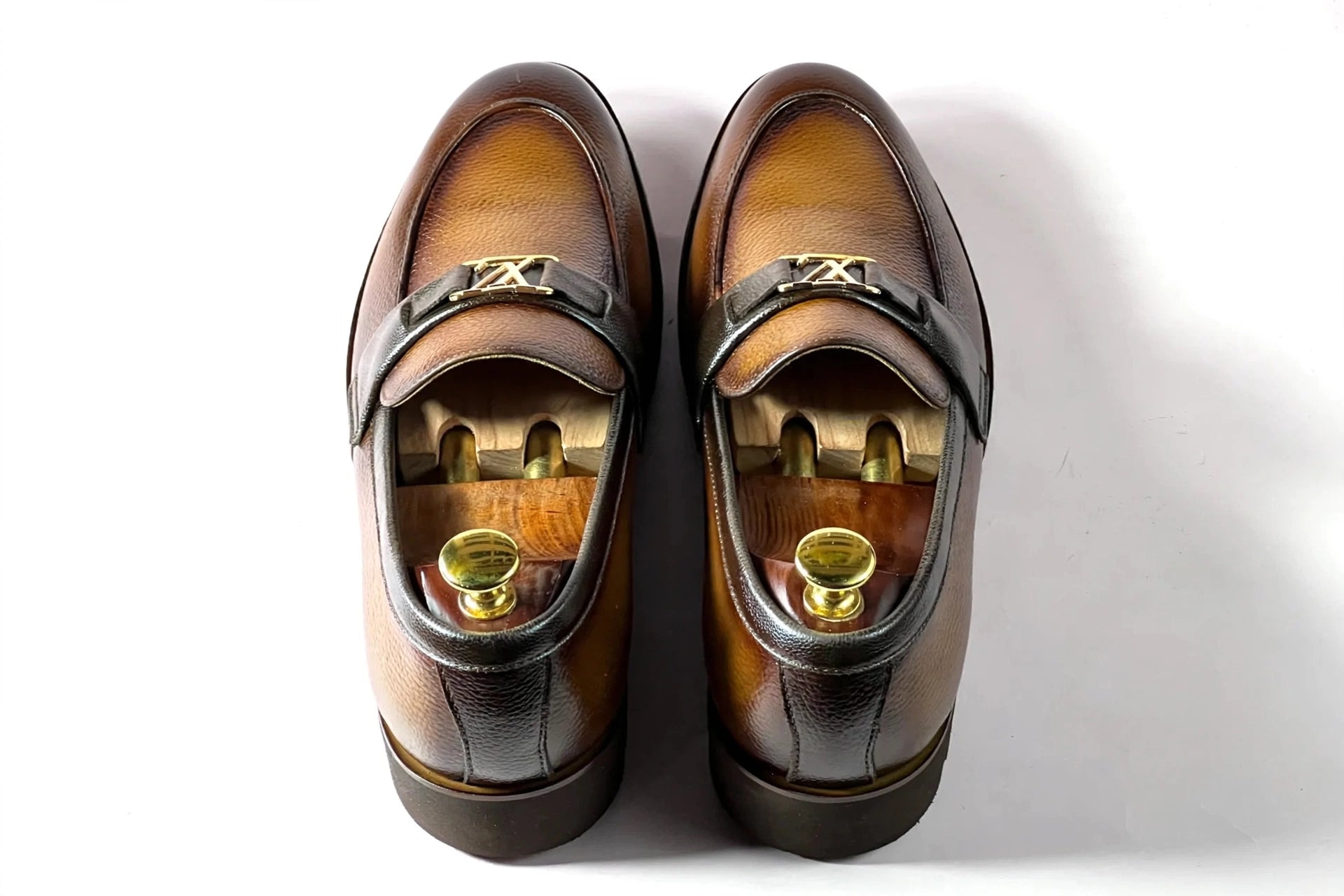 Men's Premium Brown Gradient Formal Loafers with Gold LV Buckle | Patina Leather Slip-On Dress Shoes