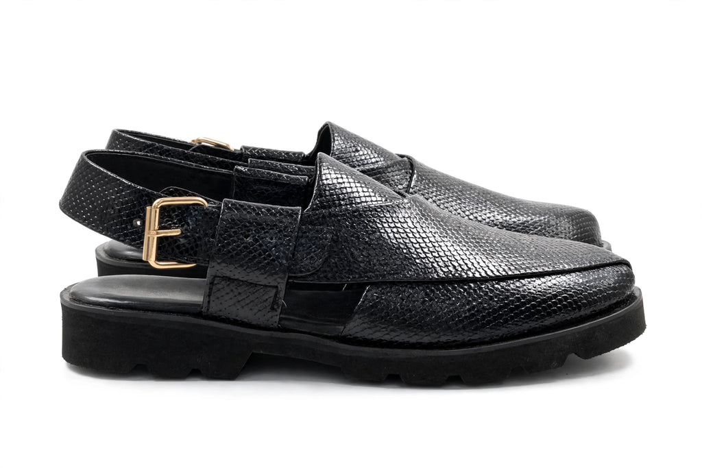 Black Textura Peshawari Chappal - Pure Leather Double Sole Peshawari Chappal for Men