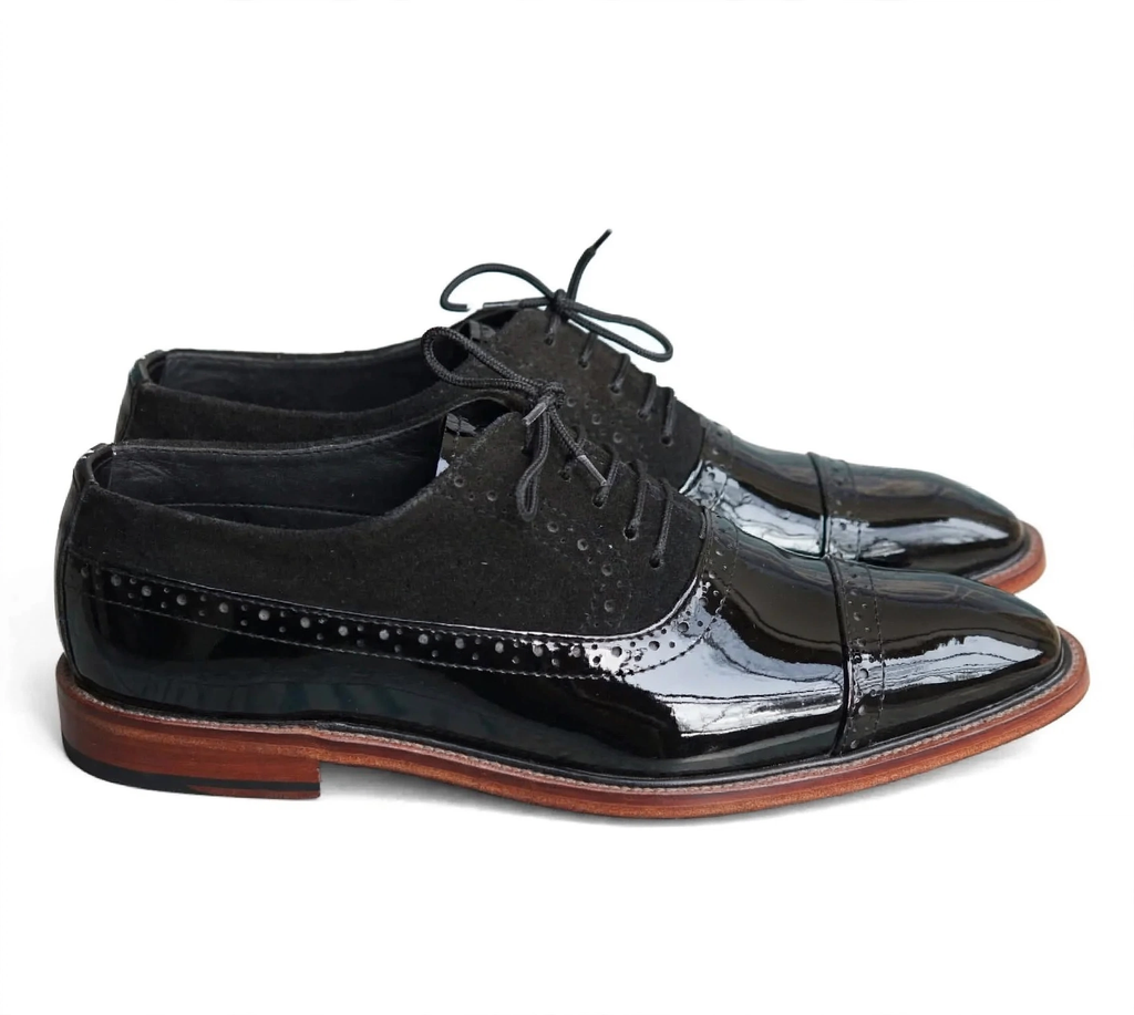 Aelito Men's Black Patent & Suede Cap-Toe Oxford Dress Shoes