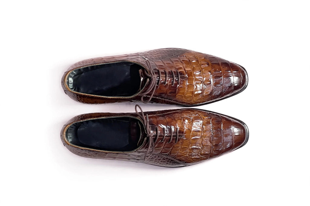 Crocodile Embossed Leather Oxford Dress Shoes – Handmade Glossy Brown Formal Shoes