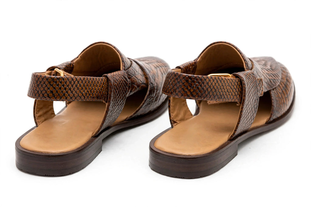Men's Brown Python Peshawari - Crocodile Snakeskin Embossed P-Cap Chappal with Buckle Strap | Glossy Edition