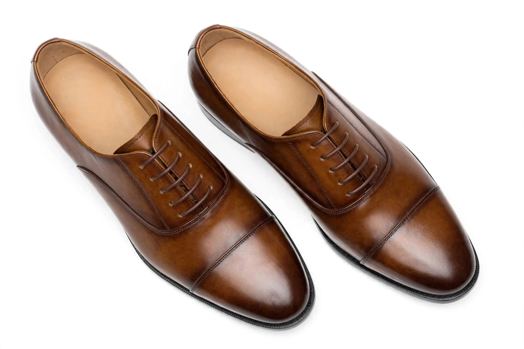 Men's Brown Cap-Toe Oxford - Hand-Burnished Formal Lace-Up Dress Shoes