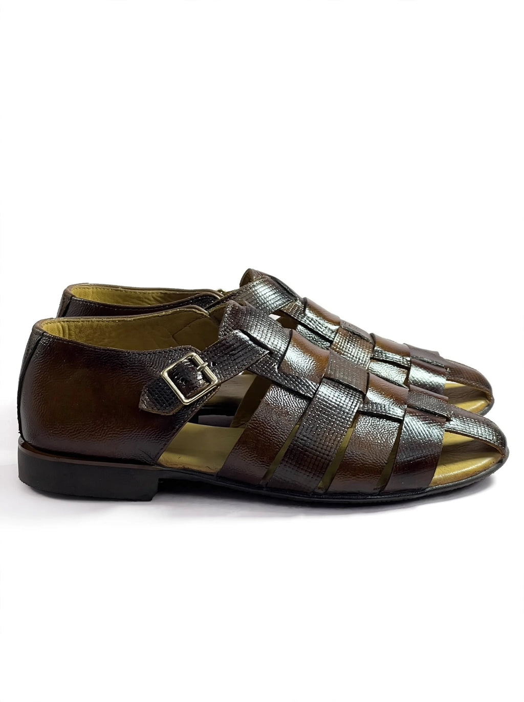 Men's Brown Textured Leather Woven Sandals with Buckle Strap