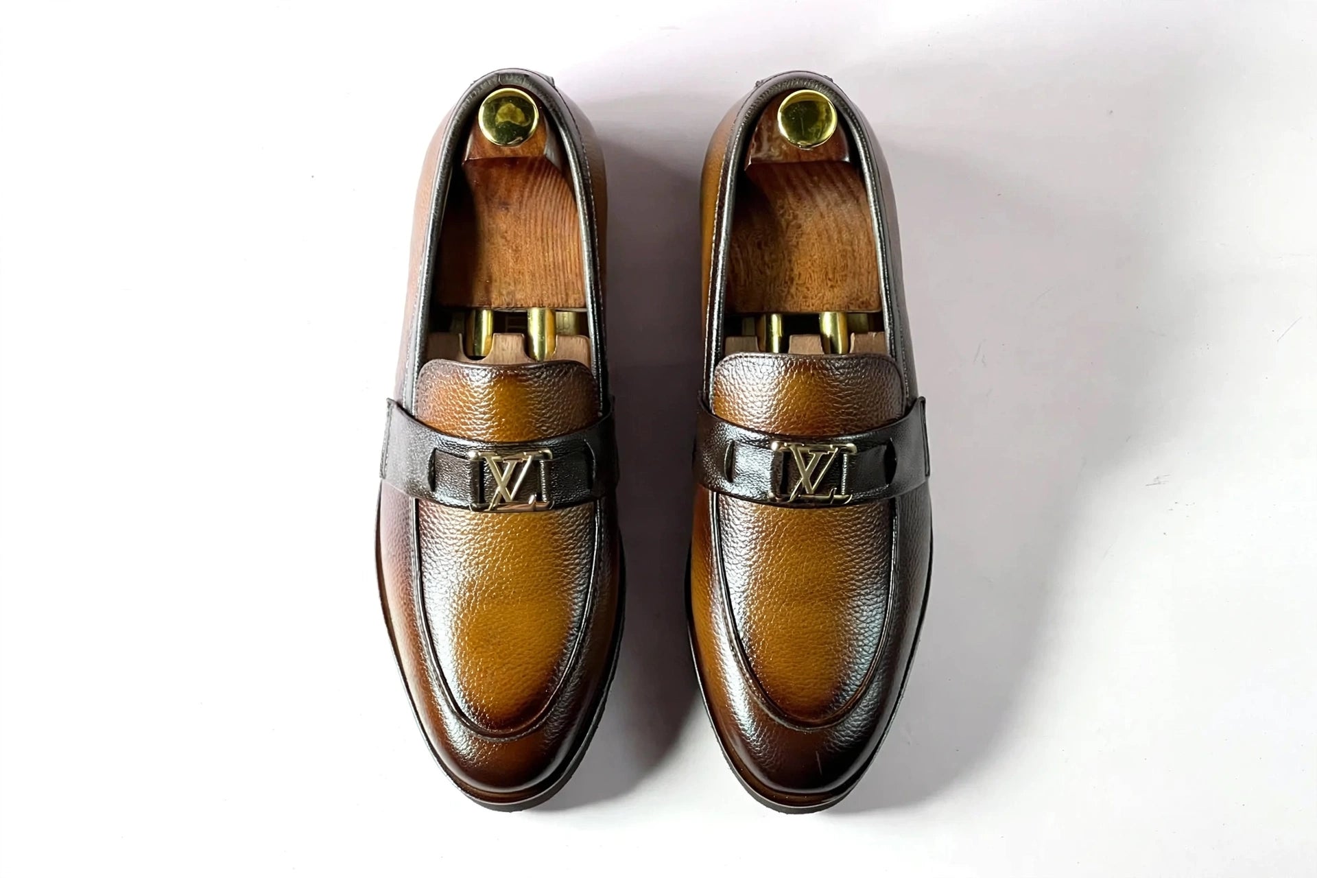 Men's Premium Brown Gradient Formal Loafers with Gold LV Buckle | Patina Leather Slip-On Dress Shoes
