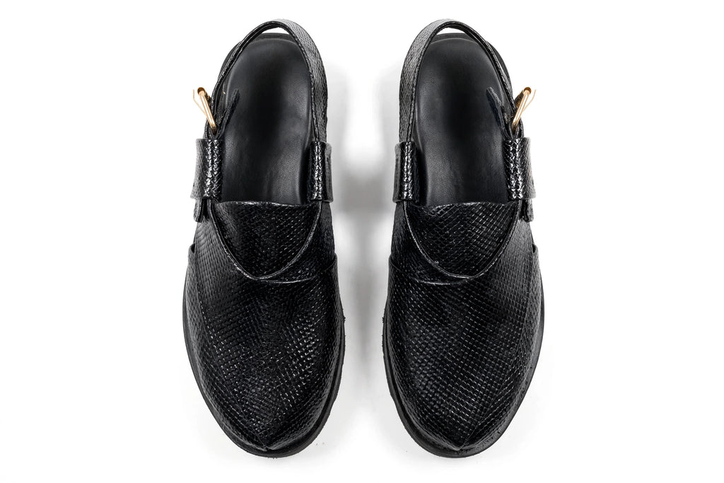 Black Textura Peshawari Chappal - Pure Leather Double Sole Peshawari Chappal for Men