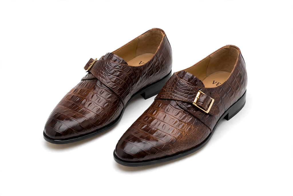 Men's Brown Crocodile Monk Strap Loafers - Glossy Formal Dress Shoes with Gold Buckle | Handcrafted Luxury