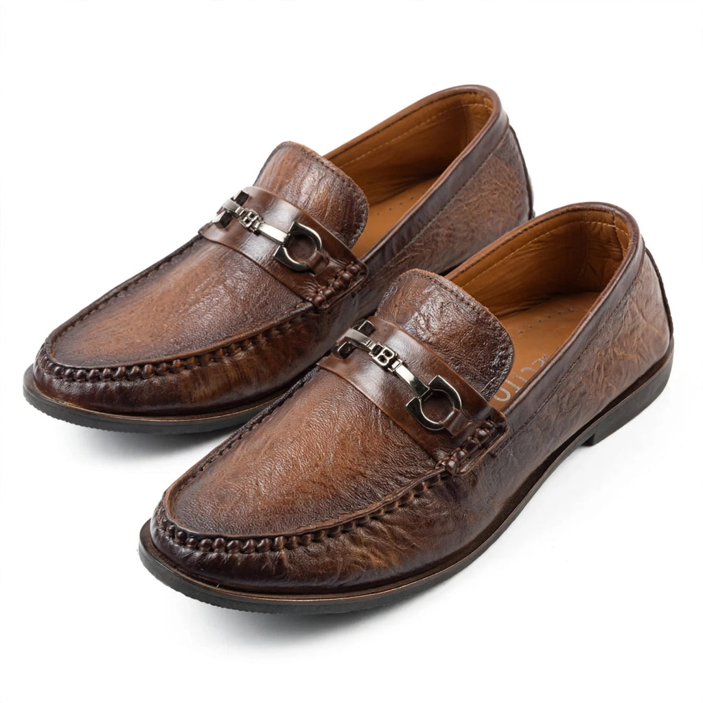 Men's Premium Brown Textured Leather Loafers with Horsebit Buckle - Formal & Casual Slip-On Shoes