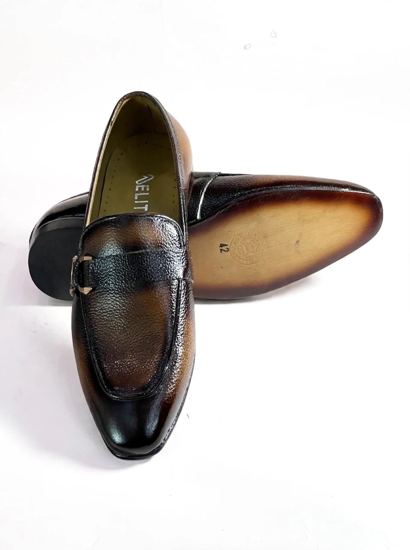 Men's Two-Tone Burnished Leather Loafers with Gold Buckle - Handcrafted Dress Shoes