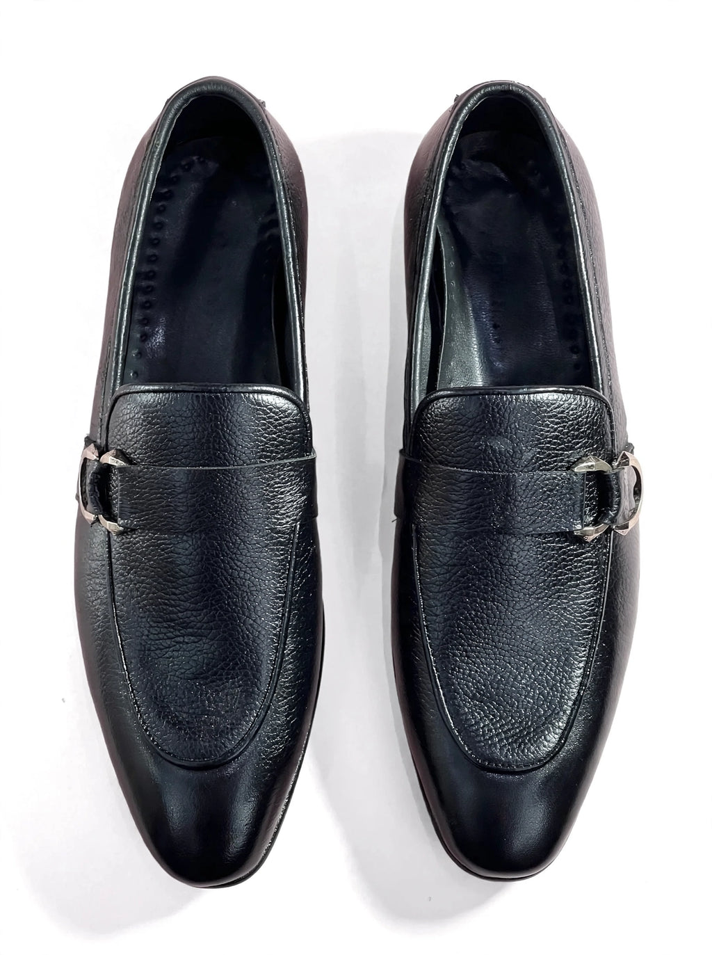 Men's Black Pebbled Leather Loafers with Silver Buckle Detail