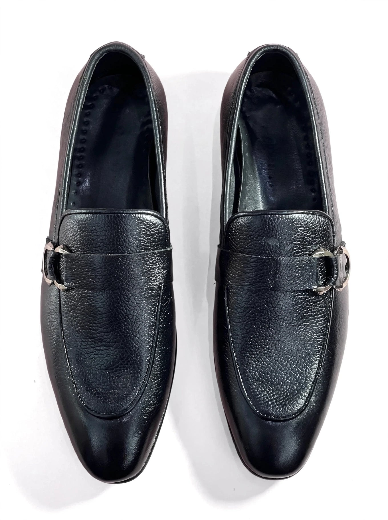Men's Black Pebbled Leather Loafers with Silver Buckle Detail