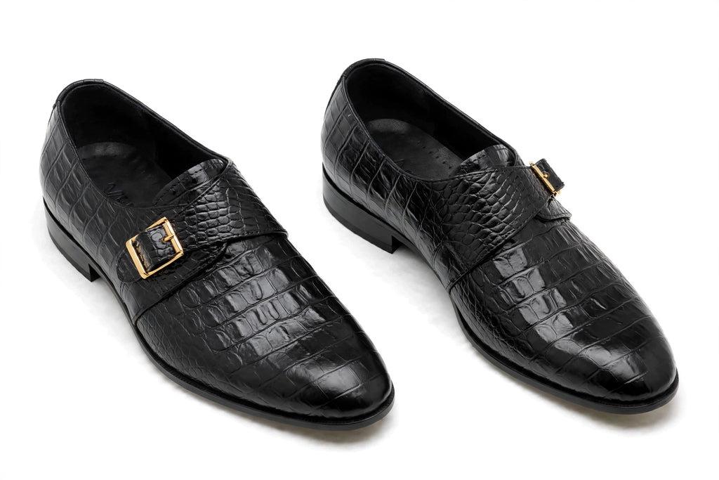 Men's Black Crocodile Monk Strap Loafers - Glossy Formal Dress Shoes with Gold Buckle | All Black Premium Leather