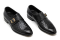 Men's Black Crocodile Monk Strap Loafers - Glossy Formal Dress Shoes with Gold Buckle | All Black Premium Leather