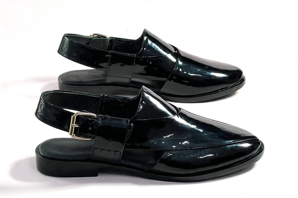 Men's Black Patent Leather Peshawari Chappal Sandals with Gold Buckle