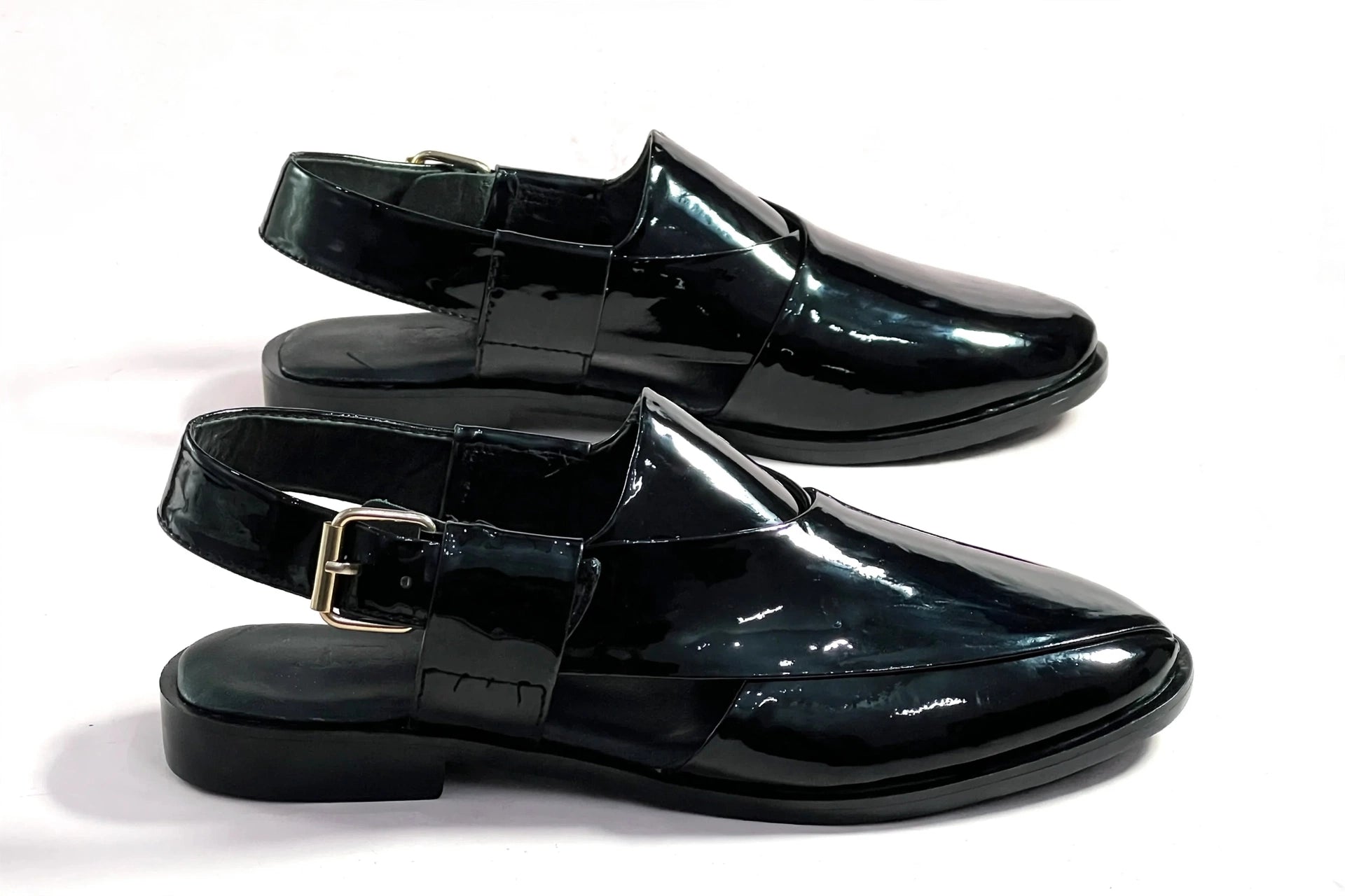 Men's Black Patent Leather Peshawari Chappal Sandals with Gold Buckle