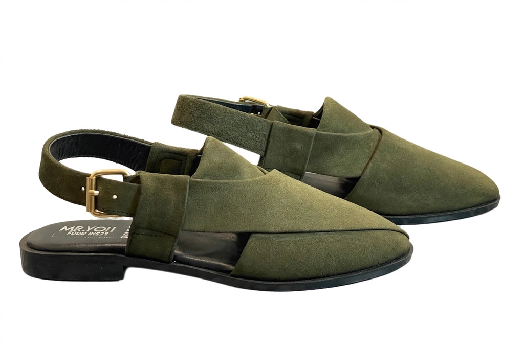 Olive Green Suede Peshawari Chappal – Handmade Slingback Sandal with Gold Buckle | Premium Suede