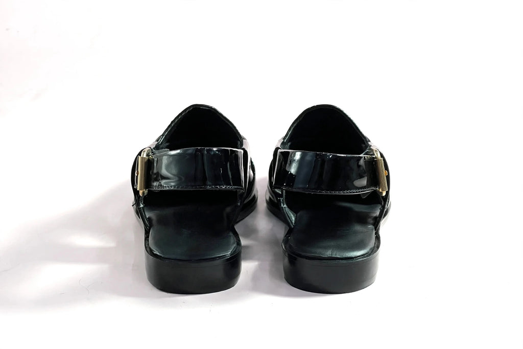 Men's Black Patent Leather Peshawari Chappal Sandals with Gold Buckle