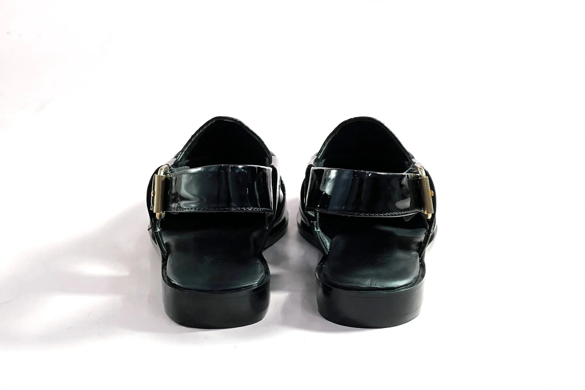 Men's Black Patent Leather Peshawari Chappal Sandals with Gold Buckle