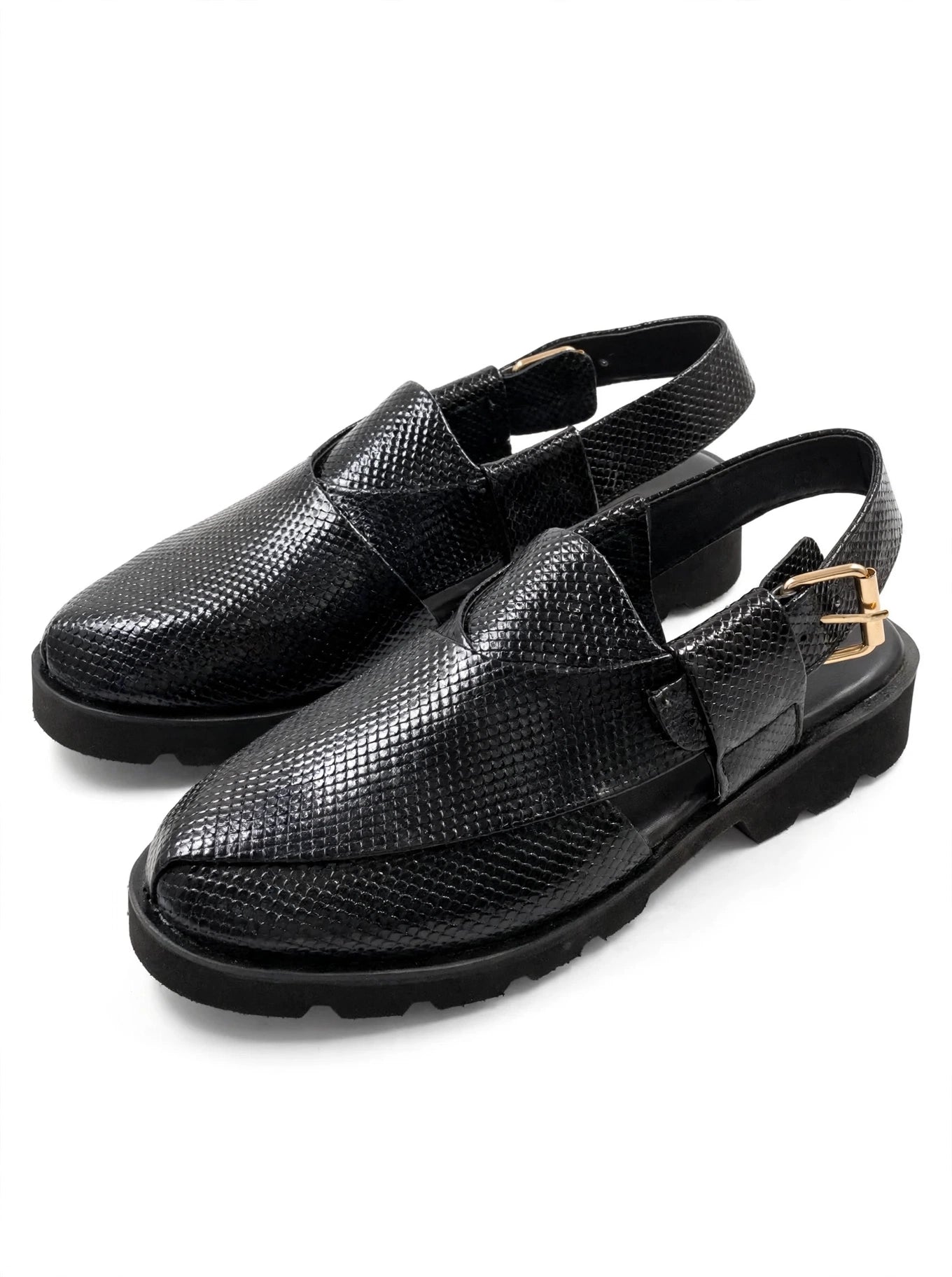 Black Textura Peshawari Chappal - Pure Leather Double Sole Peshawari Chappal for Men