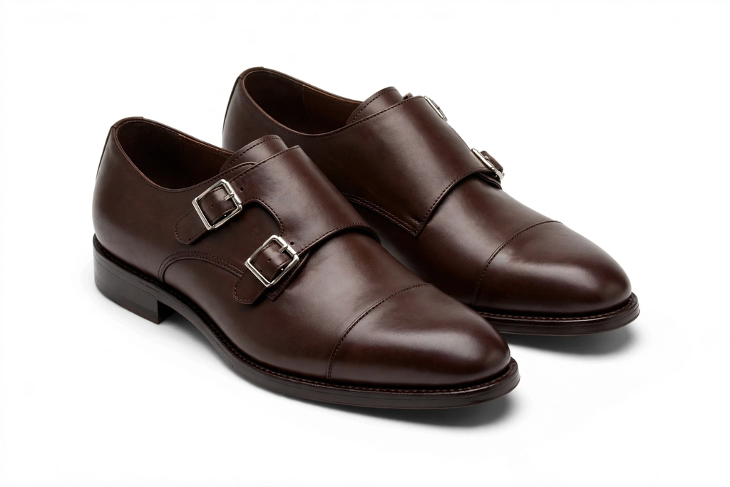 Aelito Men's Premium Brown Leather Double Monk Strap Cap Toe Dress Shoes