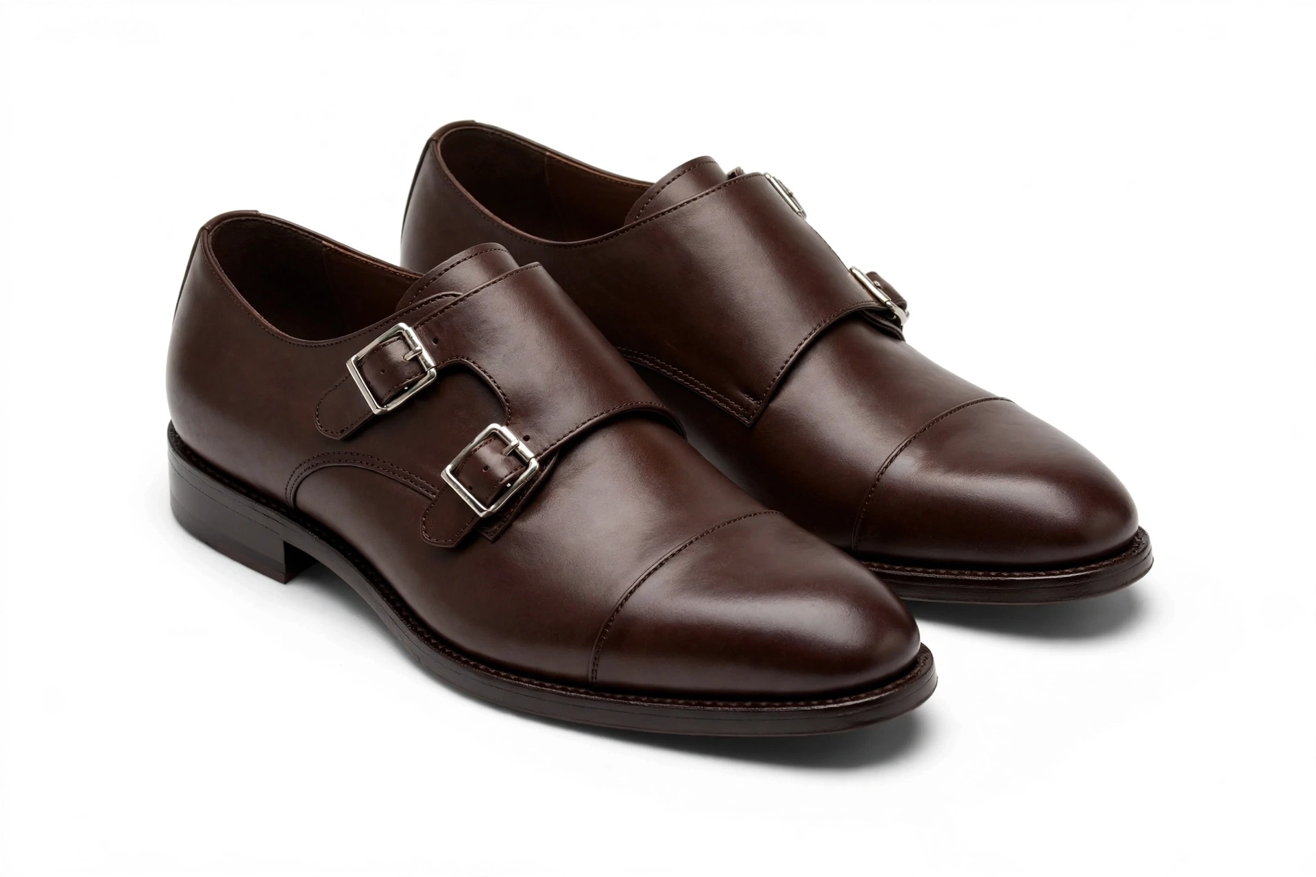 Aelito Men's Premium Brown Leather Double Monk Strap Cap Toe Dress Shoes