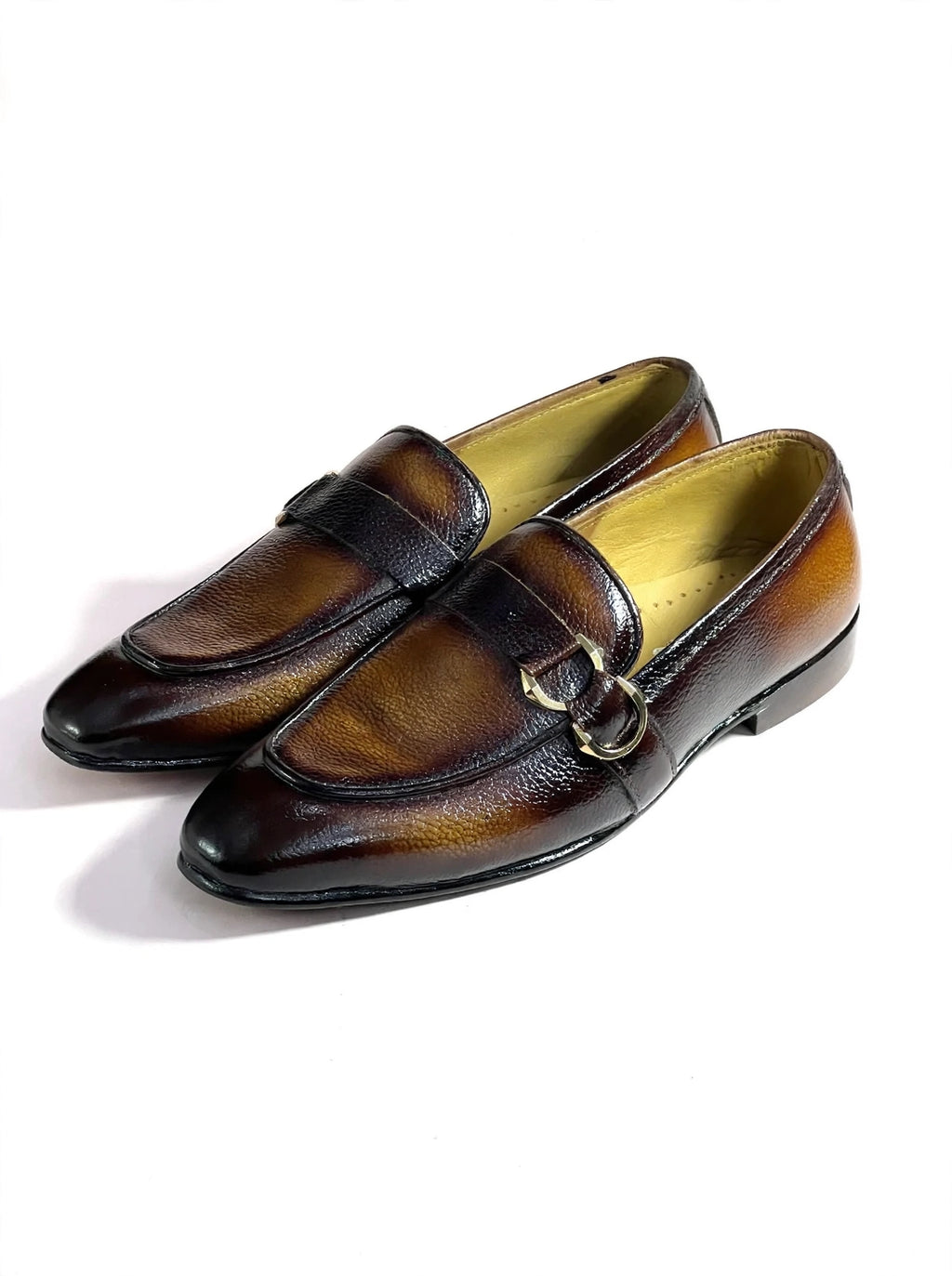 Men's Two-Tone Burnished Leather Loafers with Gold Buckle - Handcrafted Dress Shoes
