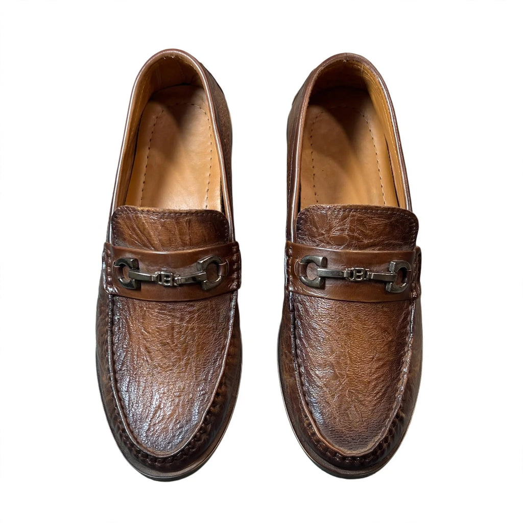 Men's Premium Brown Textured Leather Loafers with Horsebit Buckle - Formal & Casual Slip-On Shoes