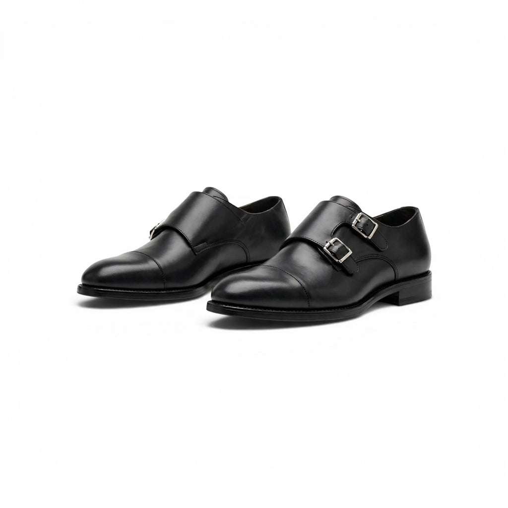 Aelito Handcrafted Black Cap Toe Double Monk Strap Formal Shoes