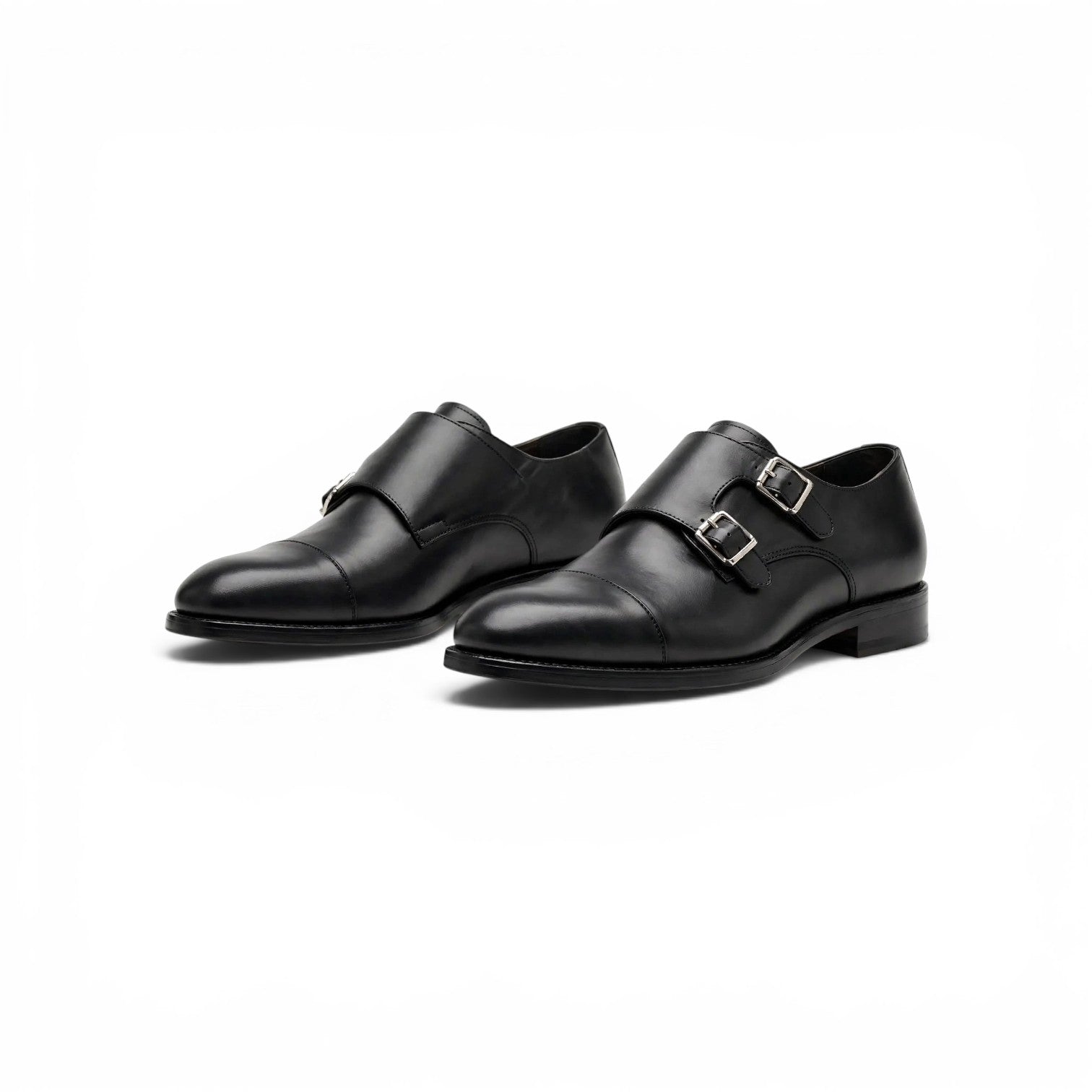 Aelito Handcrafted Black Cap Toe Double Monk Strap Formal Shoes